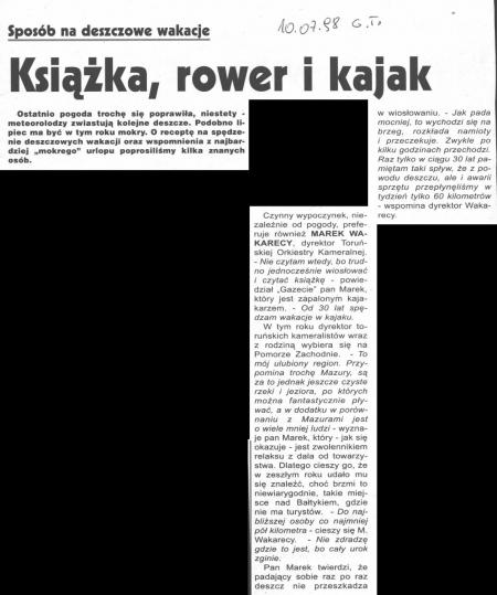 Sposób na deszczowe wakacje. Ksiażka, rower, kajak. Gazeta Toruńska.10 lipca 199