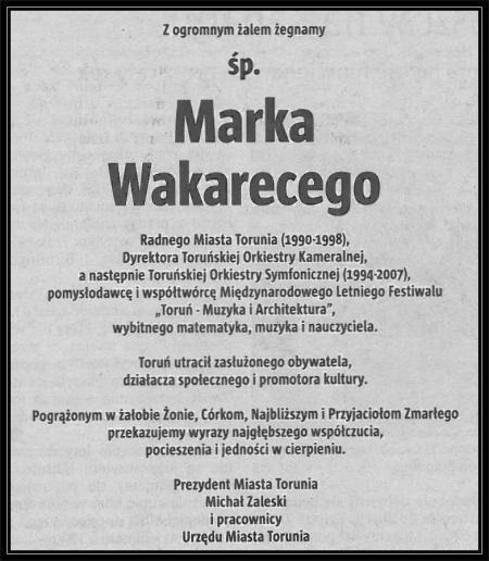 Kondolencje od Prezydenta Miasta Torunia Michała Zalewskiego i pracowników Urzęd