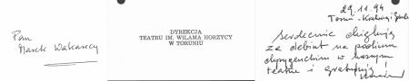 Podziękowanie od dyrekcji teatru Horzycy za debuit w roli dyrygenta. 1994.11.29