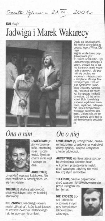 Jadwiga i Marek Wakarecy. Gazeta Wyborcza. 21 grudnia 2001