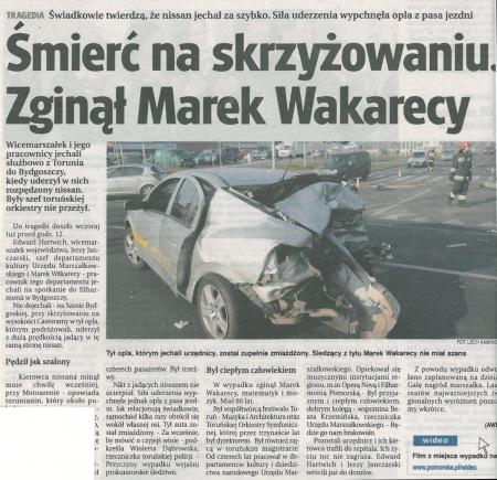 Śmierć na skrzyżowaniu. Zginął Marek Wakarecy. Gazeta Pomorska, 8.11.2011